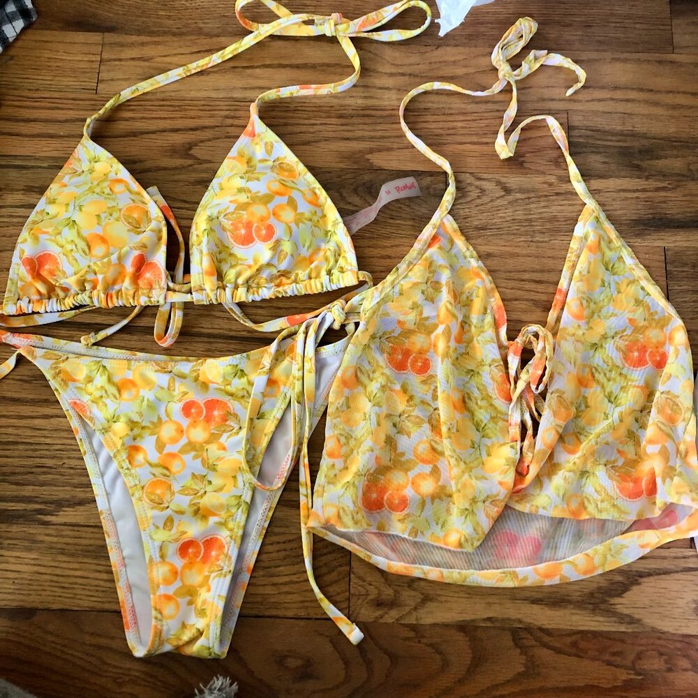 ROMWE Fruit citrus themed string bikini, and sheer top cover up, MED